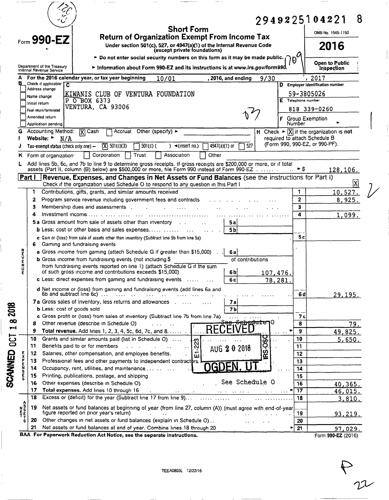 Image of first page of 2016 Form 990EZ for Kiwanis Club of Ventura Foundation