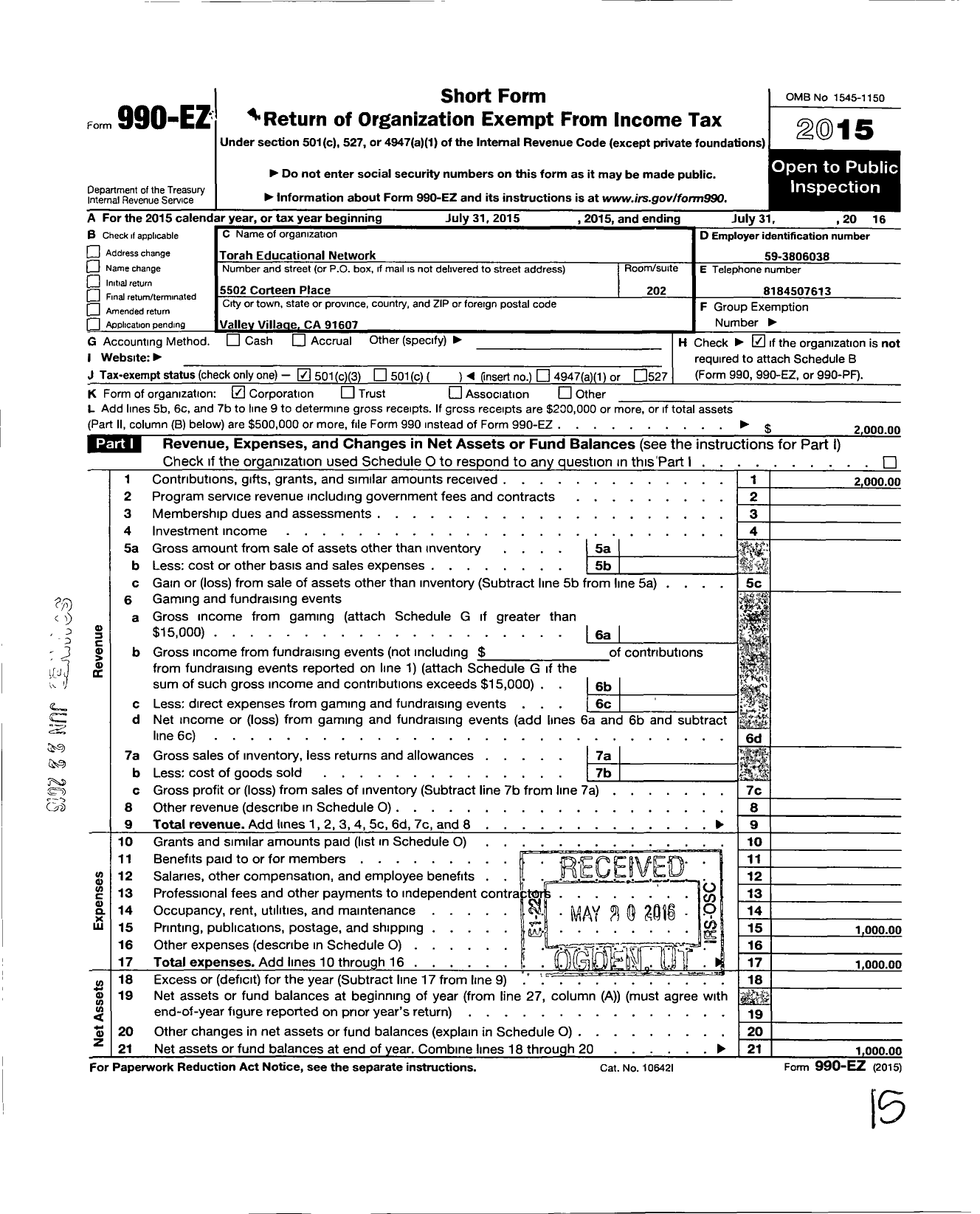 Image of first page of 2015 Form 990EZ for Torah Educational Network