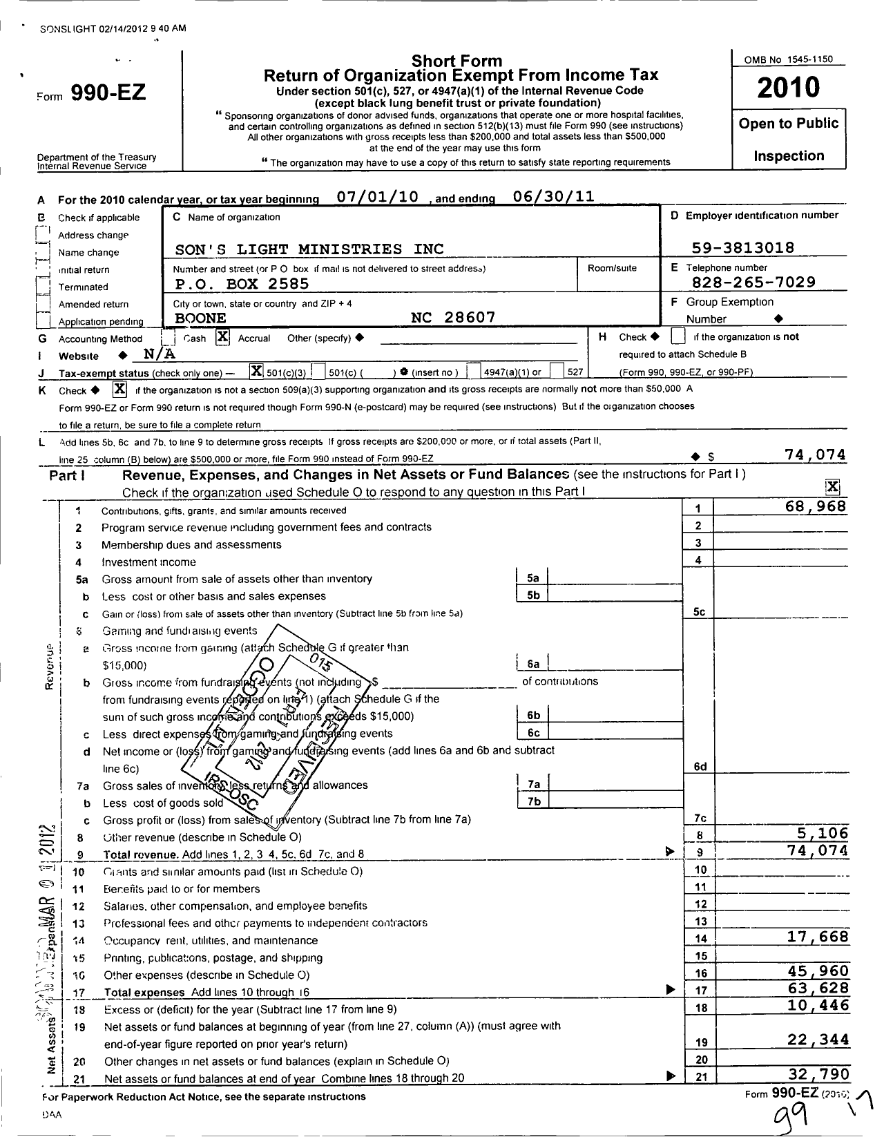 Image of first page of 2010 Form 990EZ for Sons Light Ministries