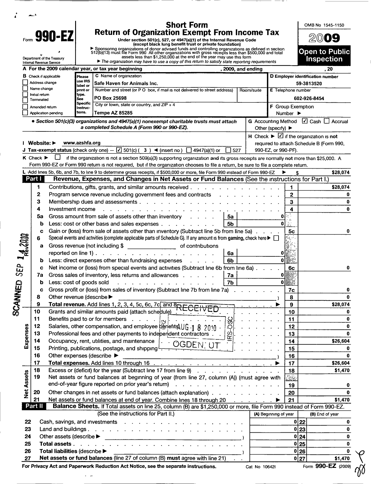 Image of first page of 2009 Form 990EZ for Safe Haven for Animals