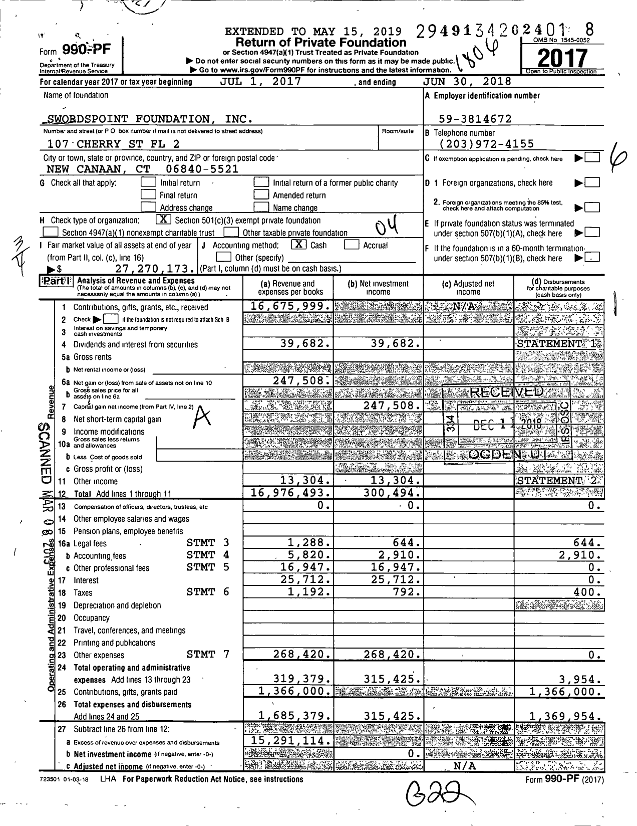 Image of first page of 2017 Form 990PF for Robert and Perri Bishop Foundationinc