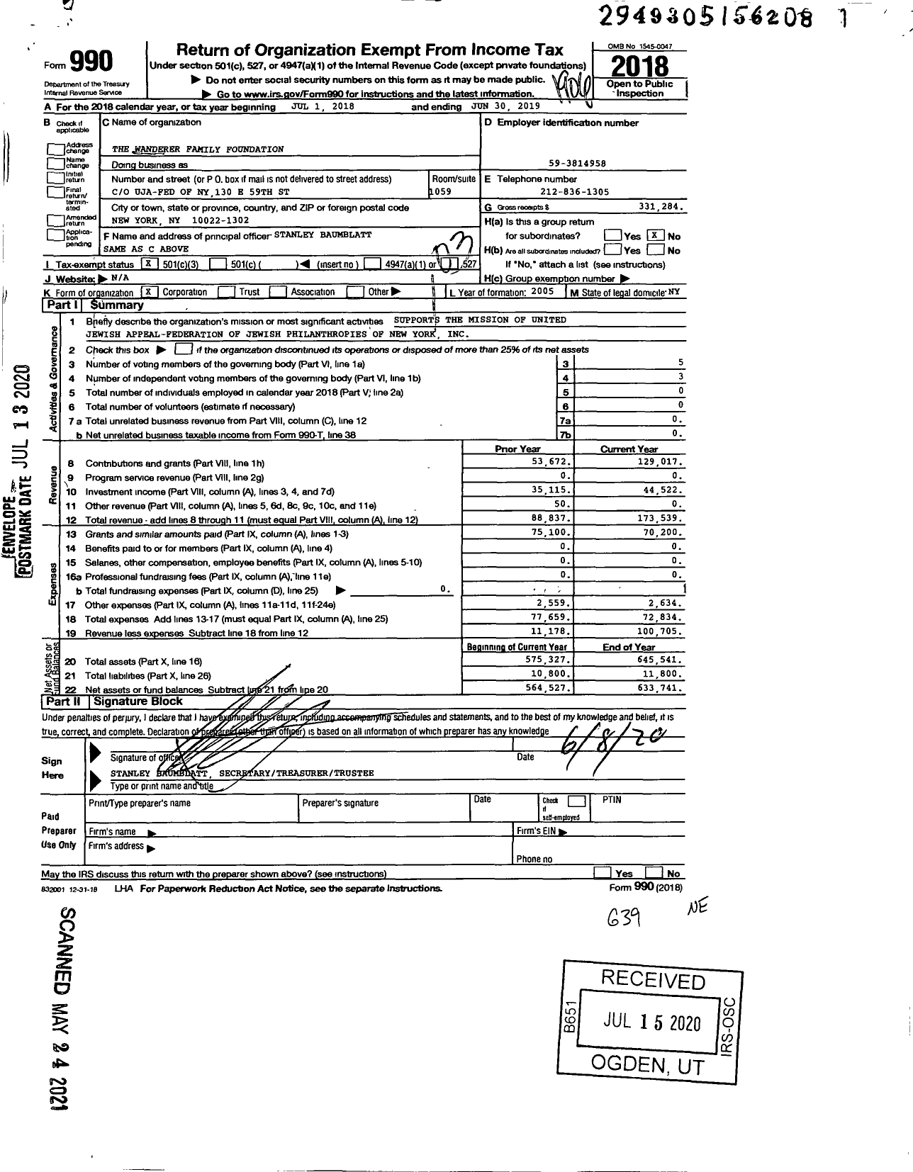 Image of first page of 2018 Form 990 for The Wanderer Family Foundation