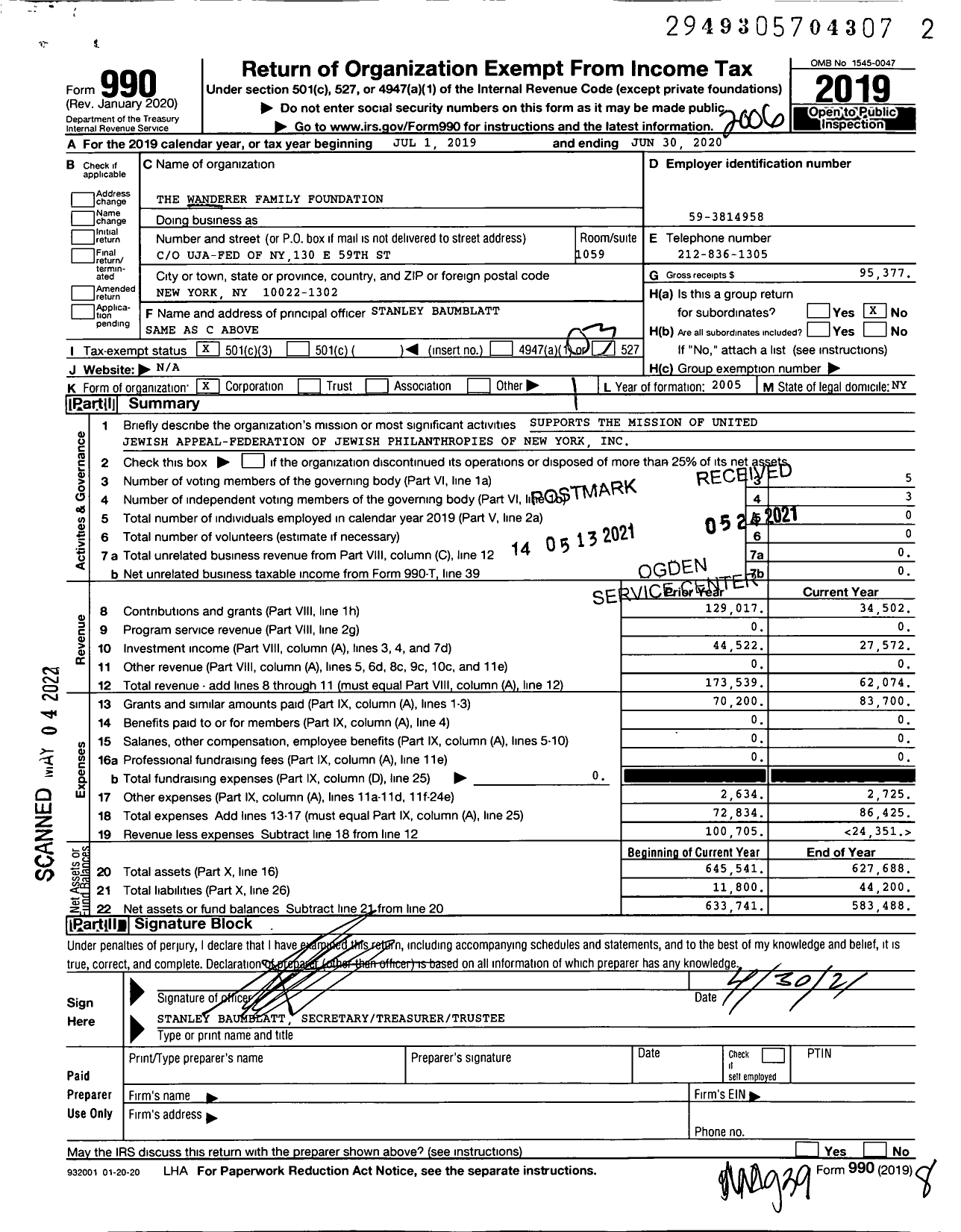 Image of first page of 2019 Form 990 for The Wanderer Family Foundation