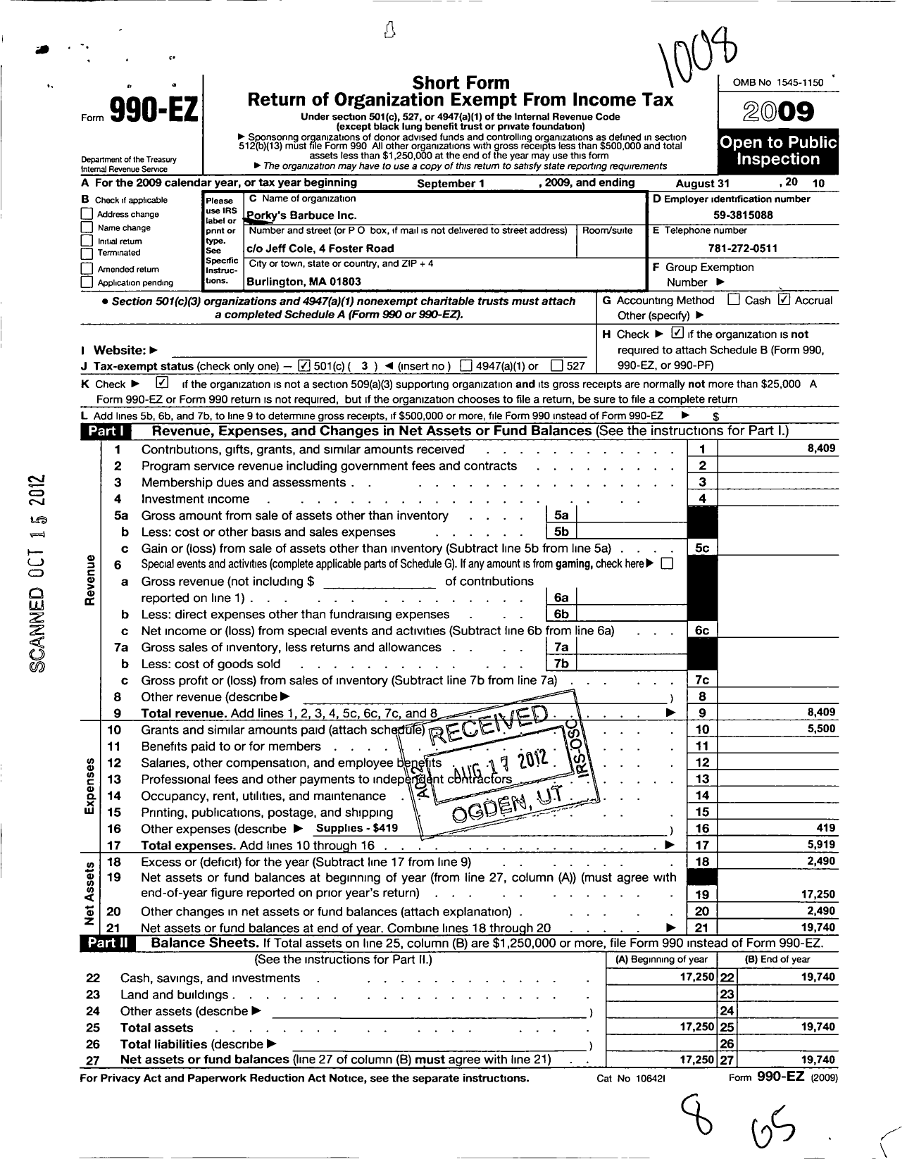 Image of first page of 2009 Form 990EZ for Porkys Barbuce