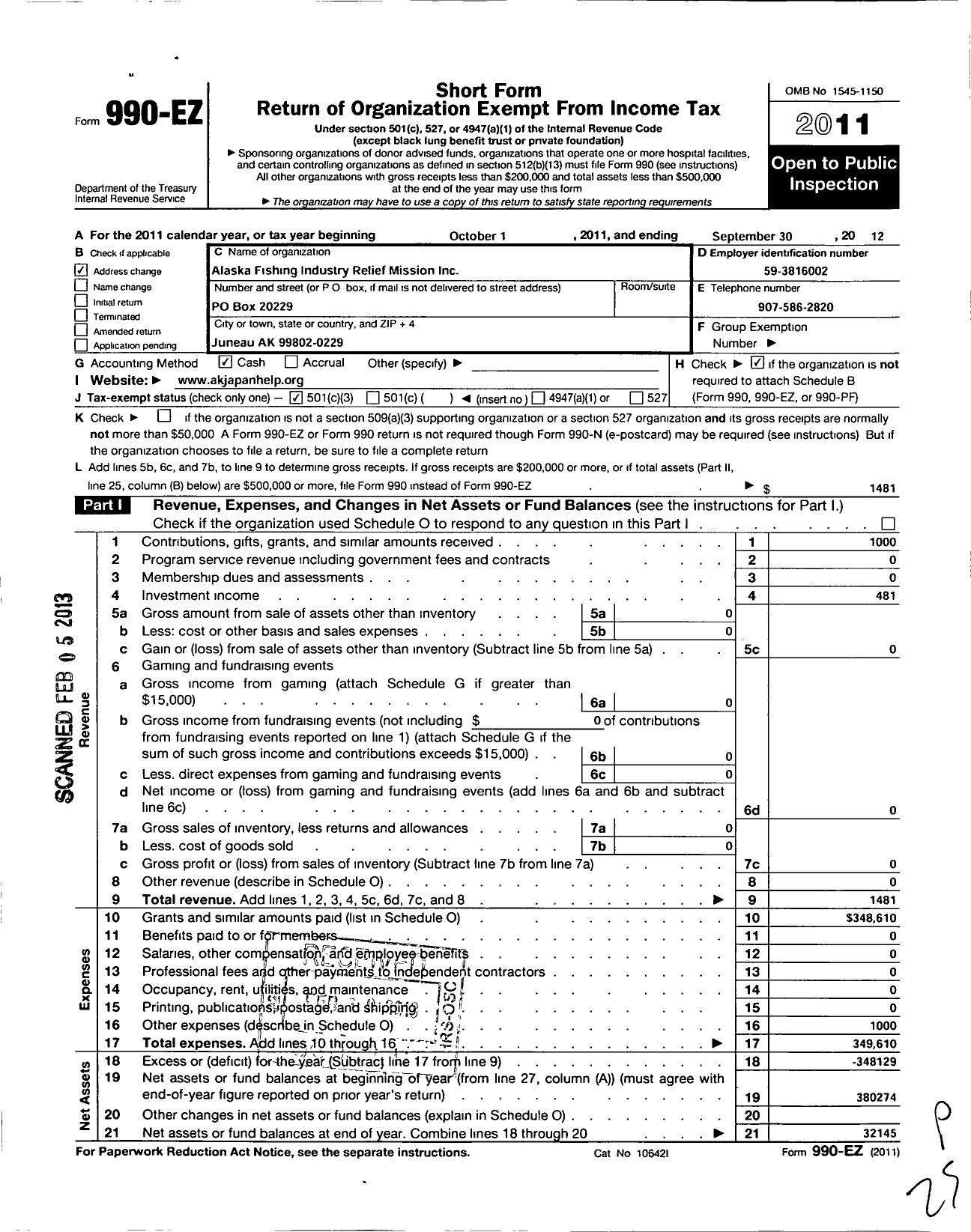 Image of first page of 2011 Form 990EZ for Alaska Fishing Industry Relief Mission