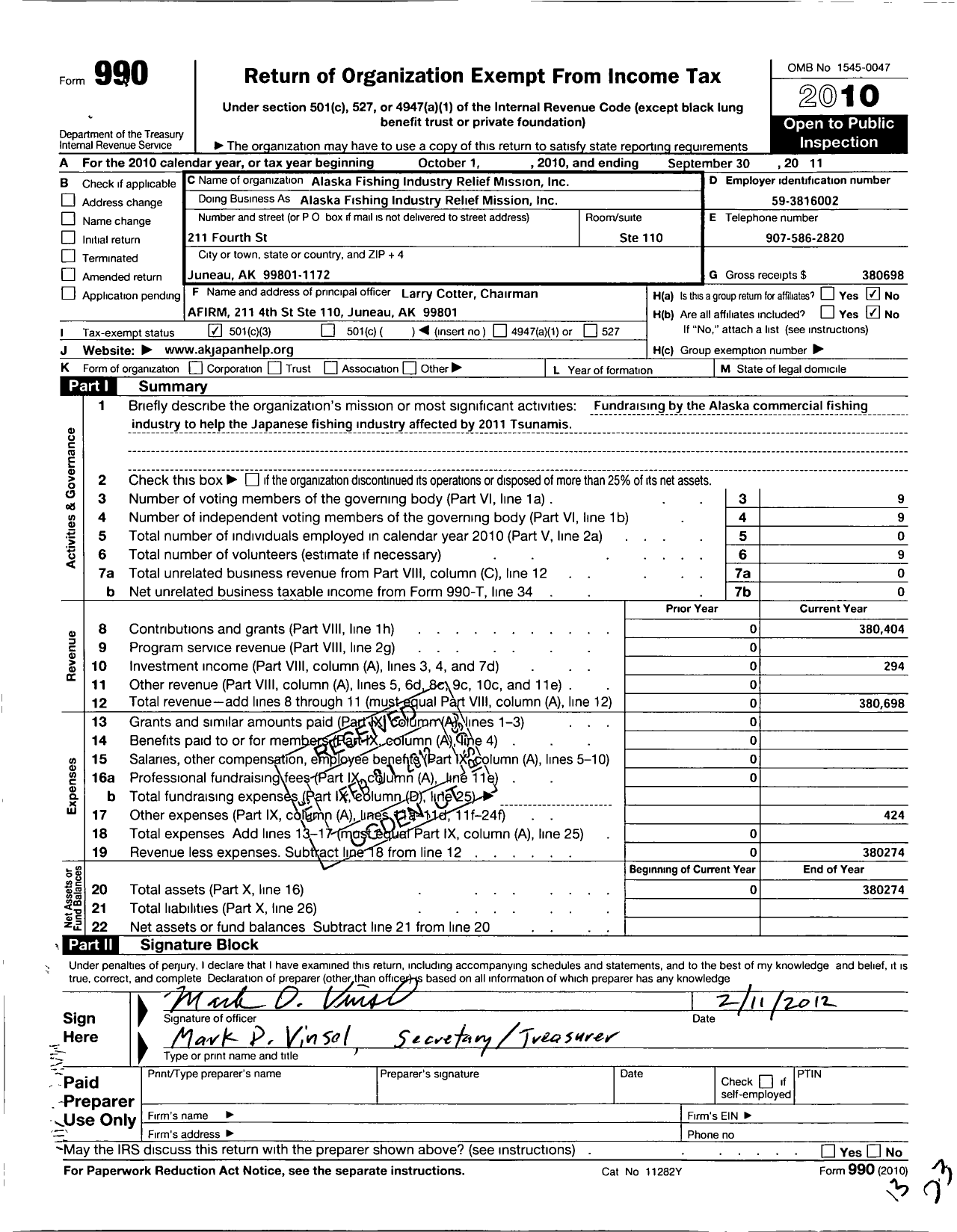 Image of first page of 2010 Form 990 for Alaska Fishing Industry Relief Mission