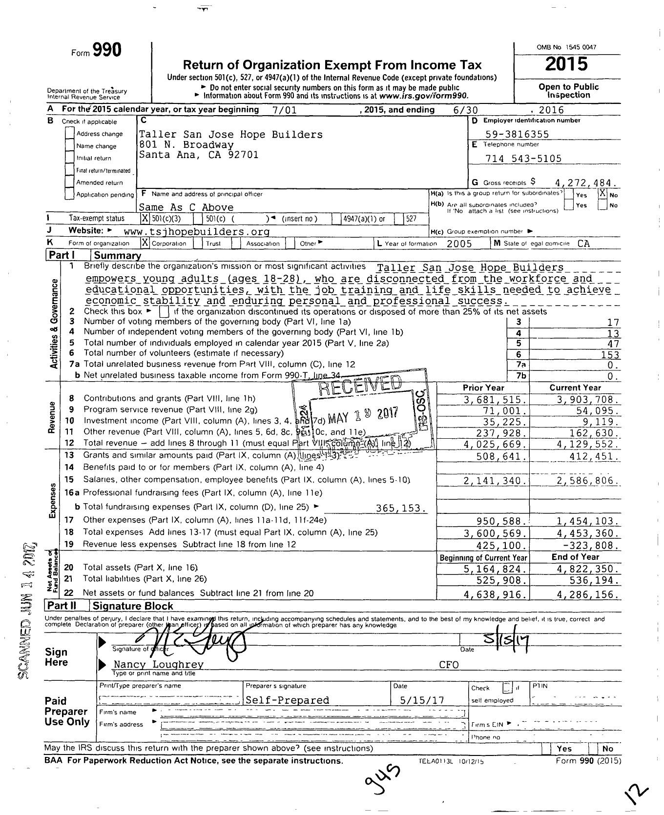 Image of first page of 2015 Form 990 for Taller San Jose Hope Builders