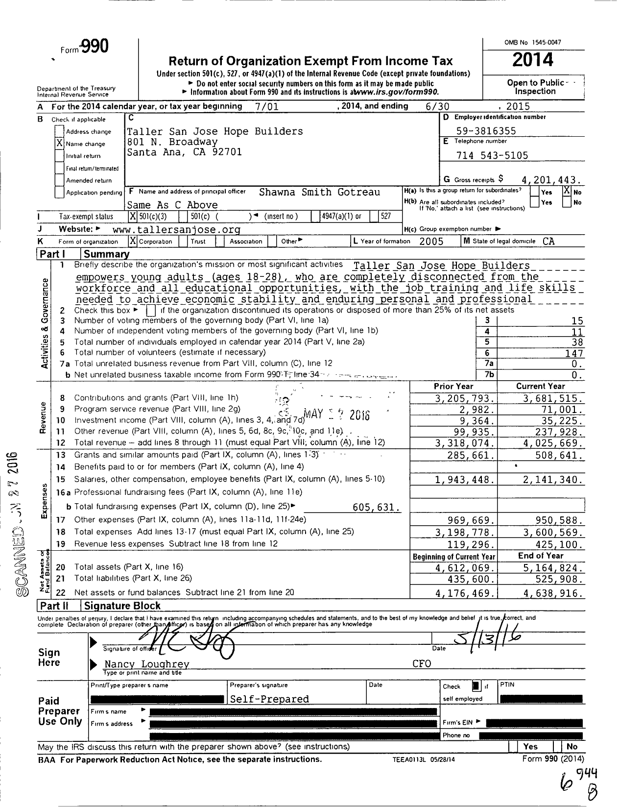 Image of first page of 2014 Form 990 for Taller San Jose Hope Builders