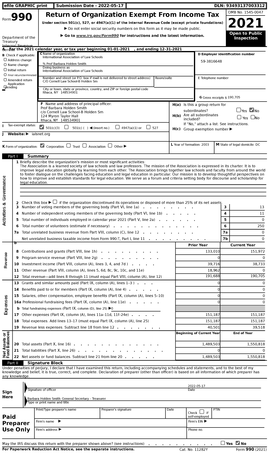 Image of first page of 2021 Form 990 for International Association of Law Schools