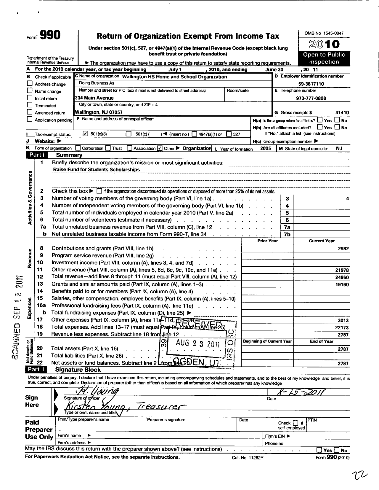 Image of first page of 2010 Form 990 for Wallington High School Home and School Organization