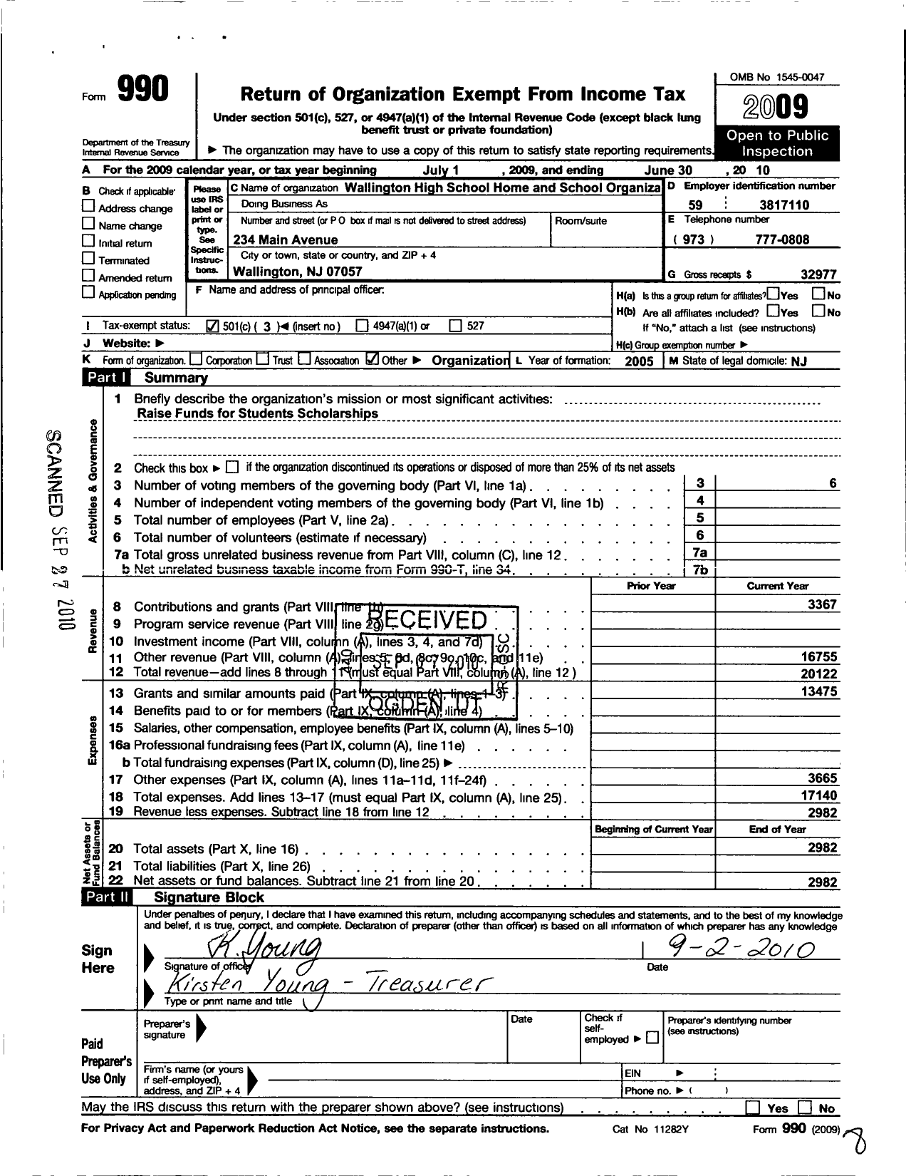 Image of first page of 2009 Form 990 for Wallington High School Home and School Organization