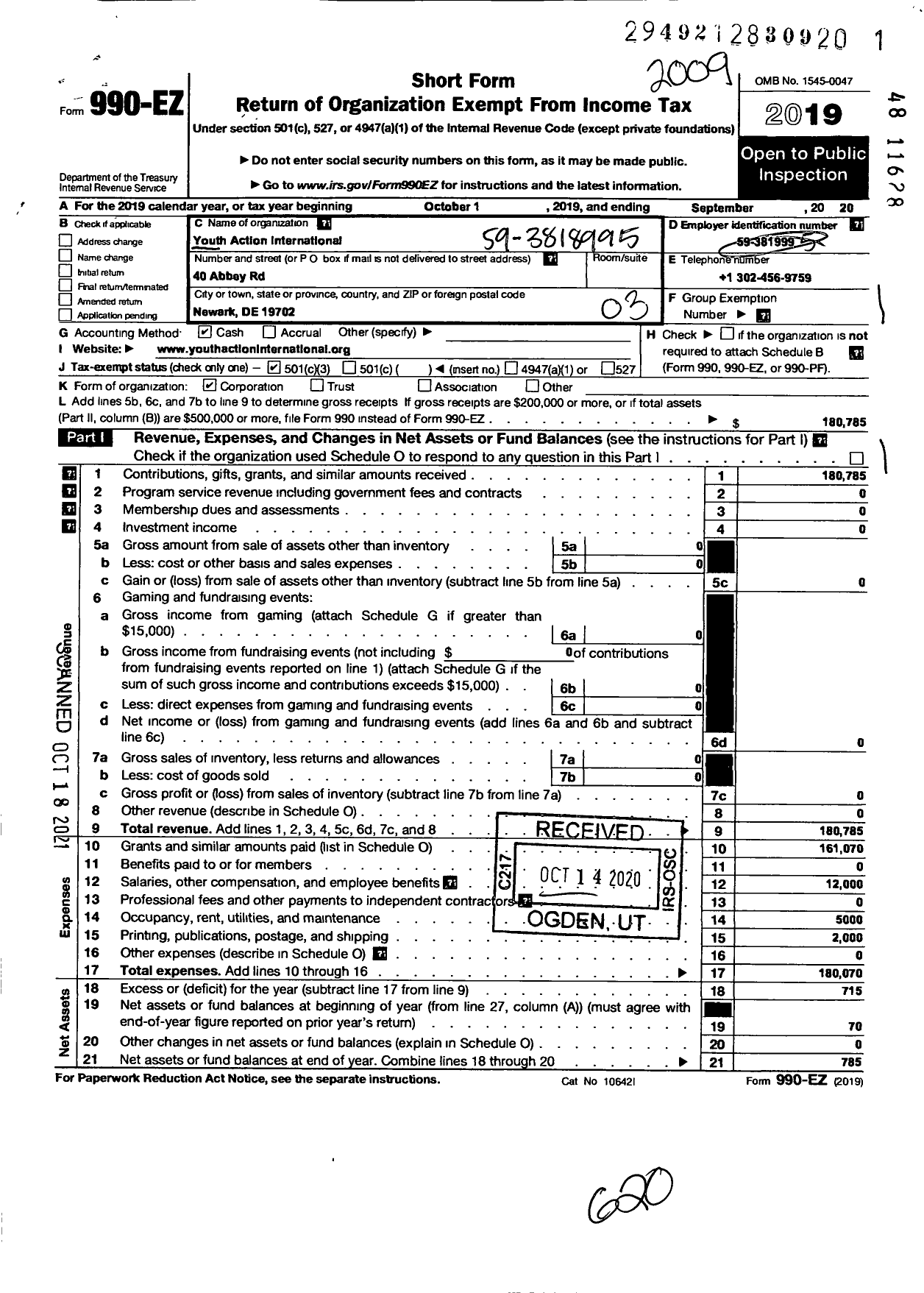 Image of first page of 2019 Form 990EZ for Youth Action International