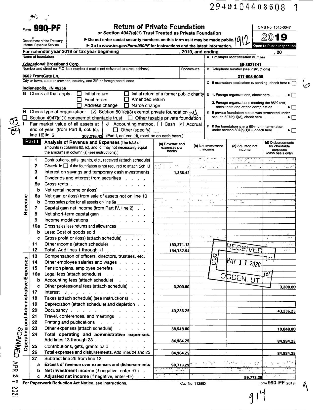 Image of first page of 2019 Form 990PF for Educational Broadband Corporation