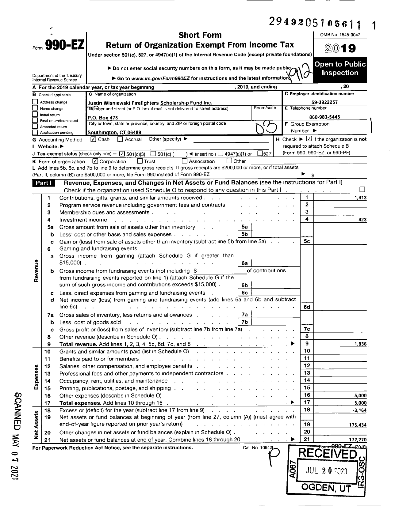 Image of first page of 2019 Form 990EZ for Justin Wisniewski Firefighters Scholarship Fund