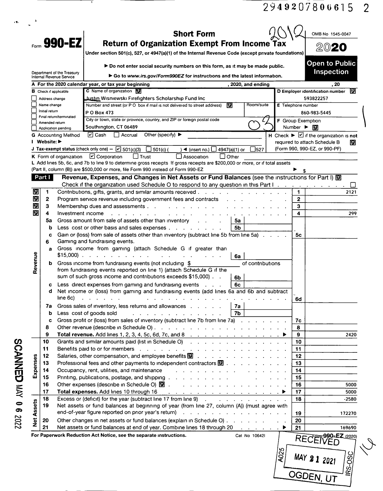 Image of first page of 2020 Form 990EZ for Justin Wisniewski Firefighters Scholarship Fund