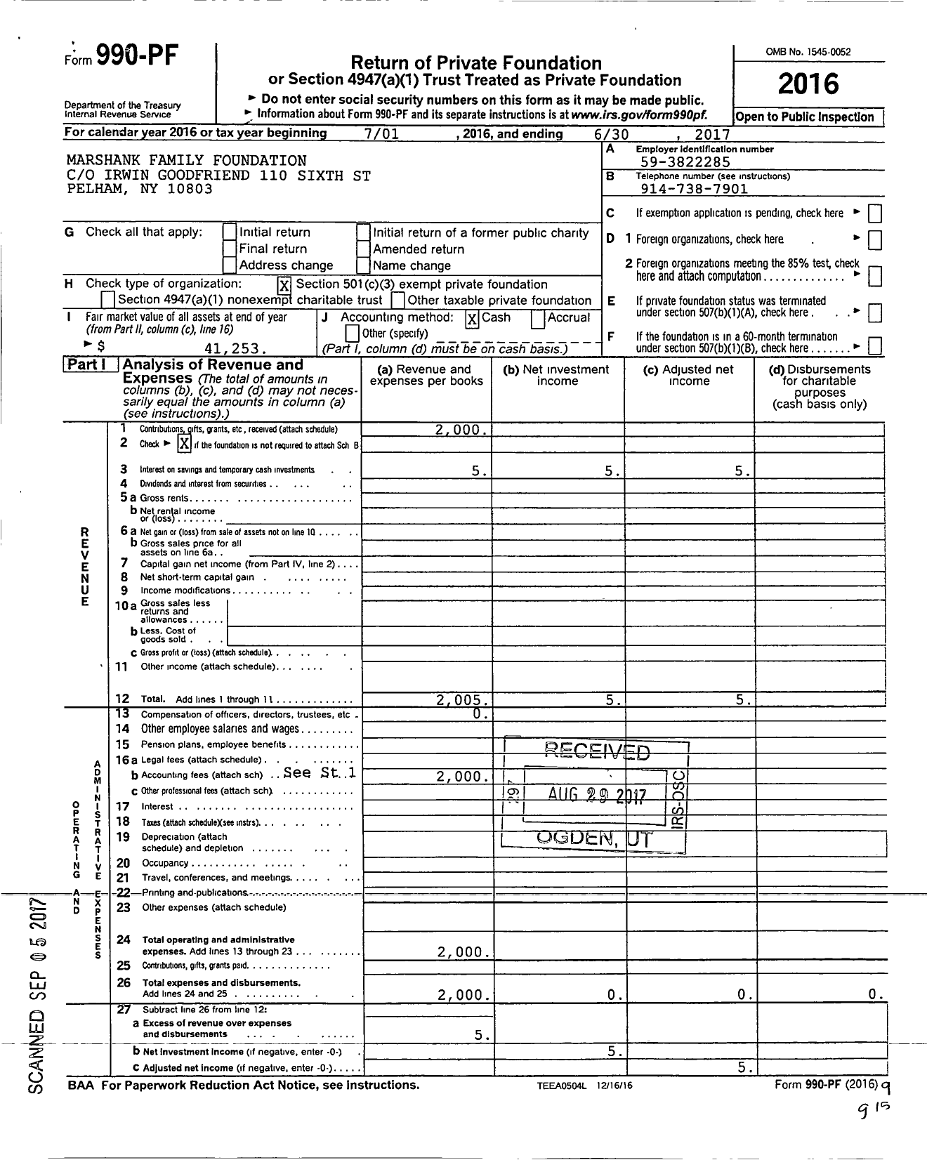 Image of first page of 2016 Form 990PF for Marshank Family Foundation