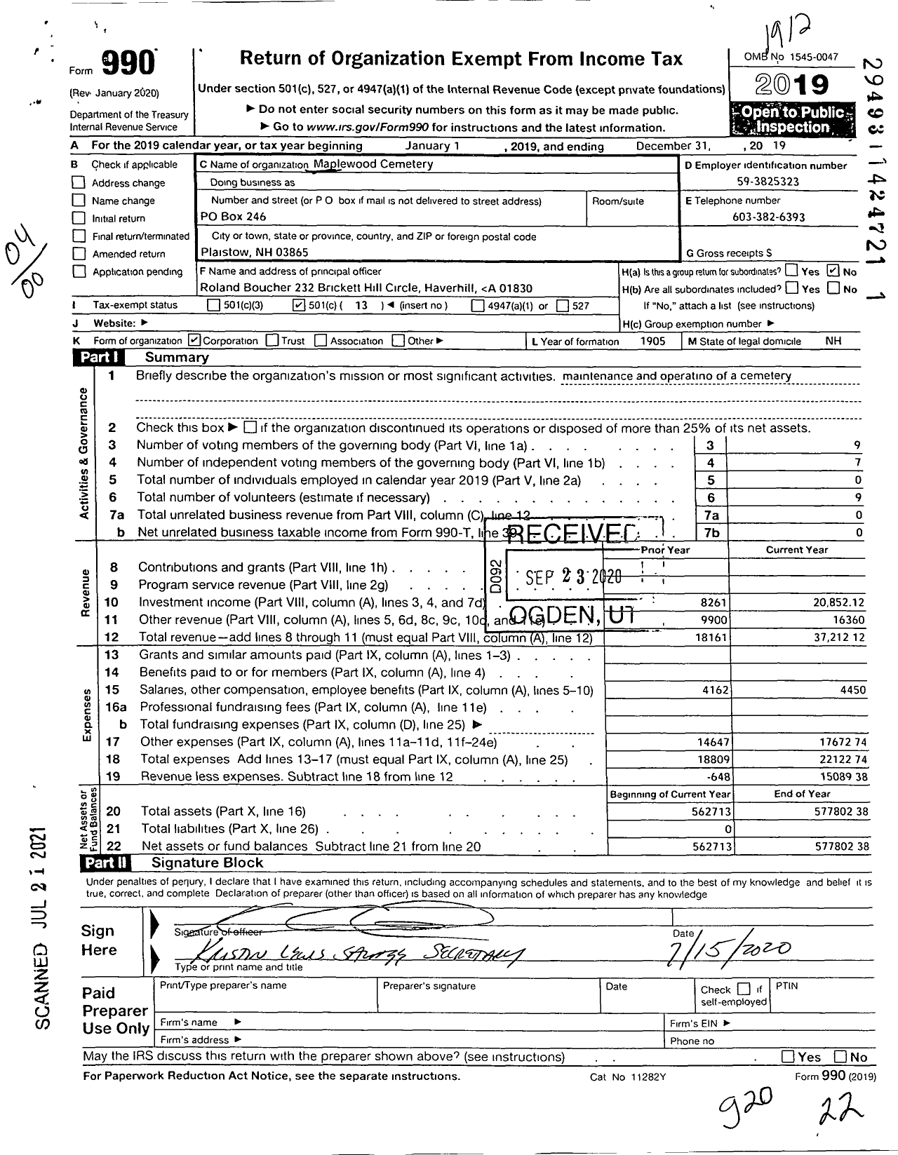 Image of first page of 2019 Form 990O for Maplewood Cemetery