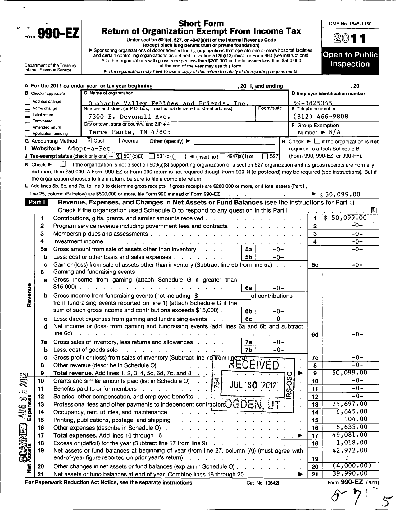 Image of first page of 2011 Form 990EZ for Ouabache Valley Felines and Friends