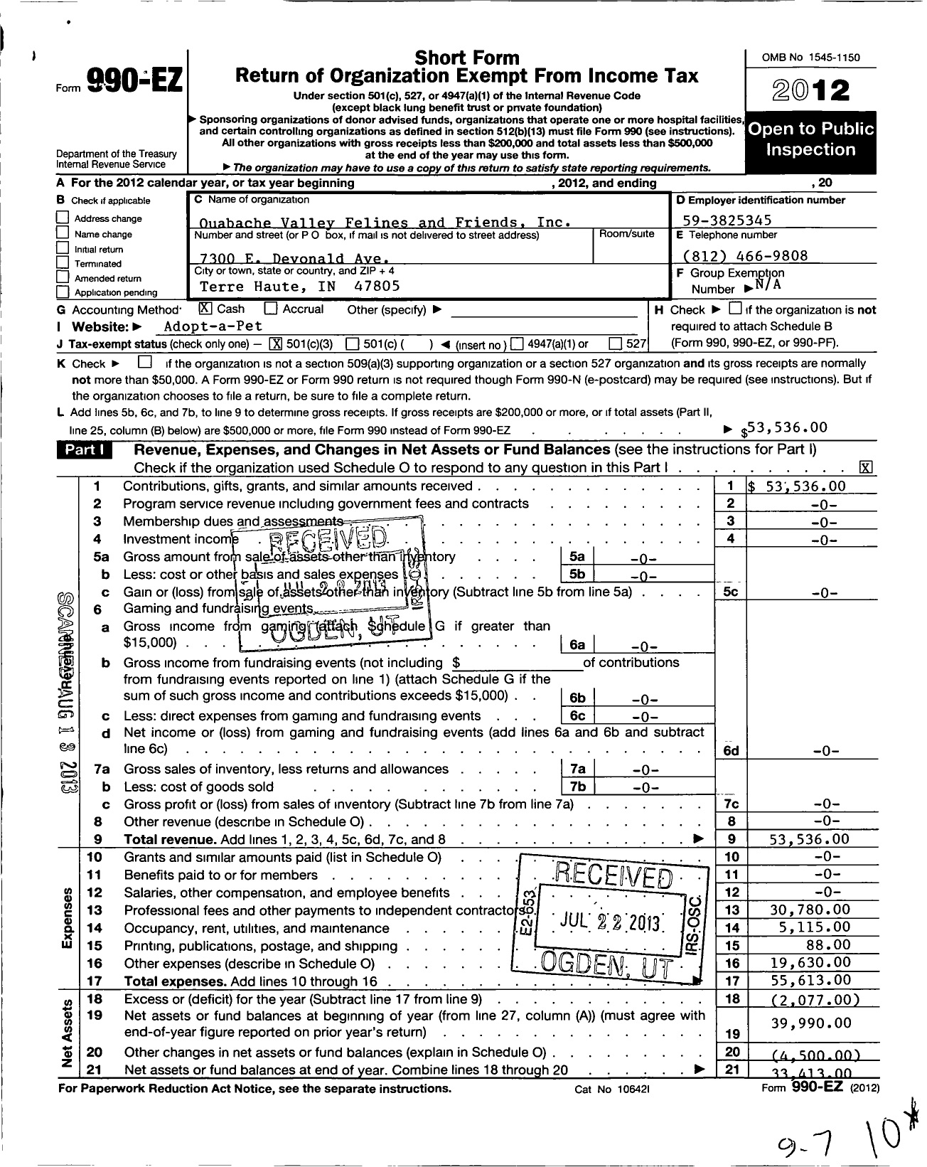 Image of first page of 2012 Form 990EZ for Ouabache Valley Felines and Friends