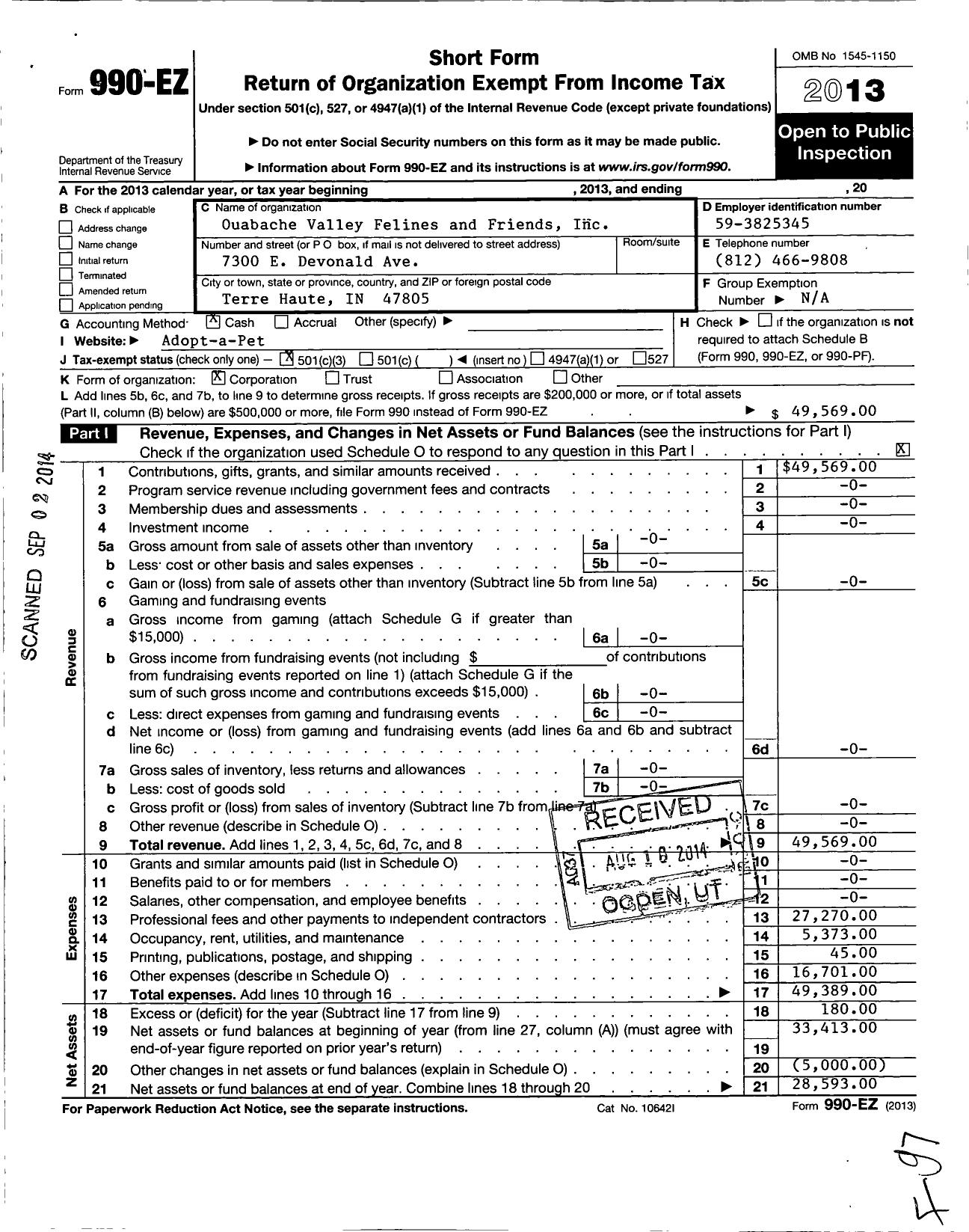 Image of first page of 2013 Form 990EZ for Ouabache Valley Felines and Friends