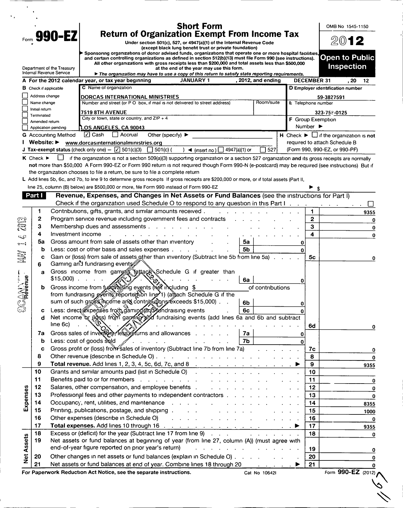 Image of first page of 2012 Form 990EZ for Dorcas International Ministries