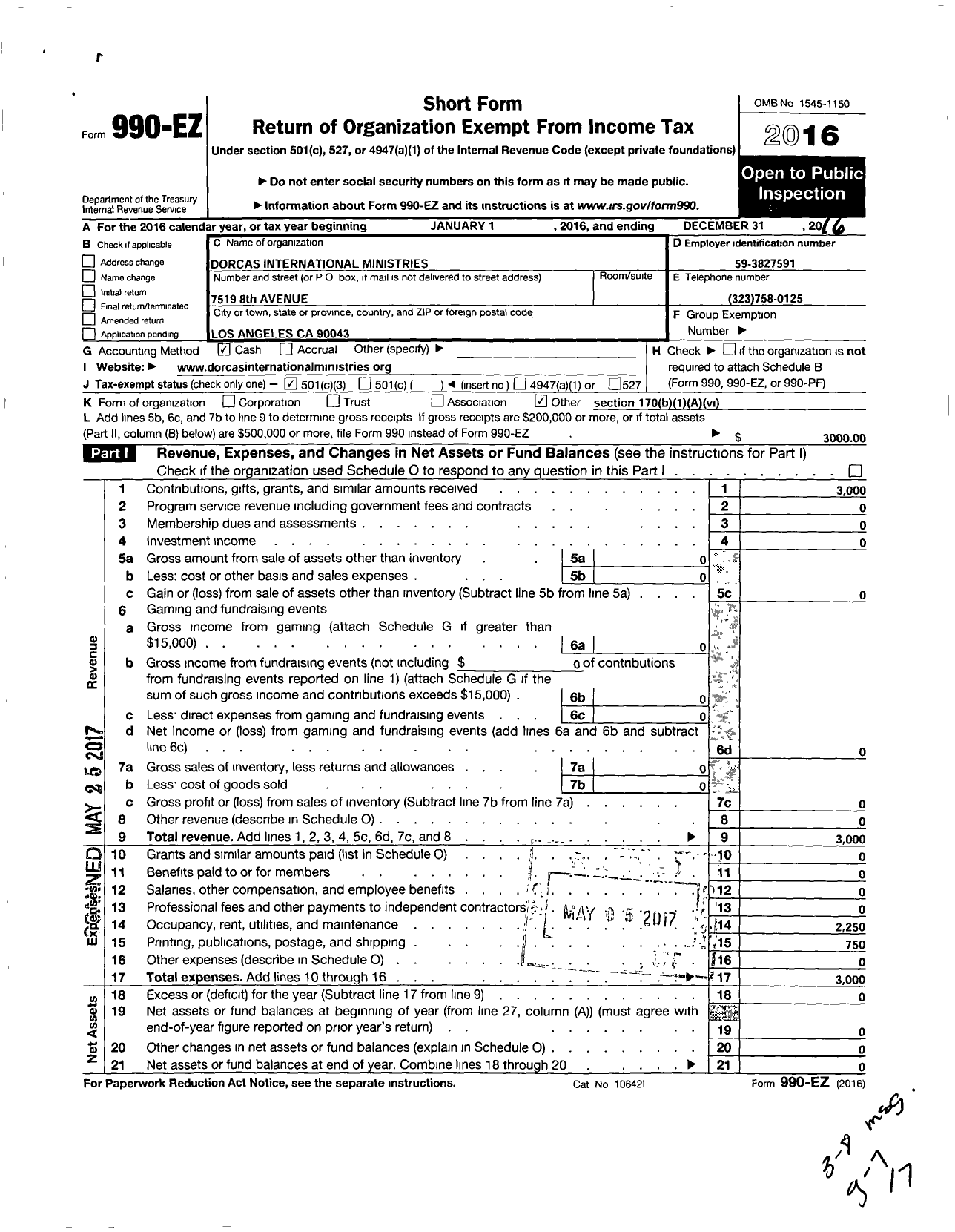 Image of first page of 2016 Form 990EZ for Dorcas International Ministries