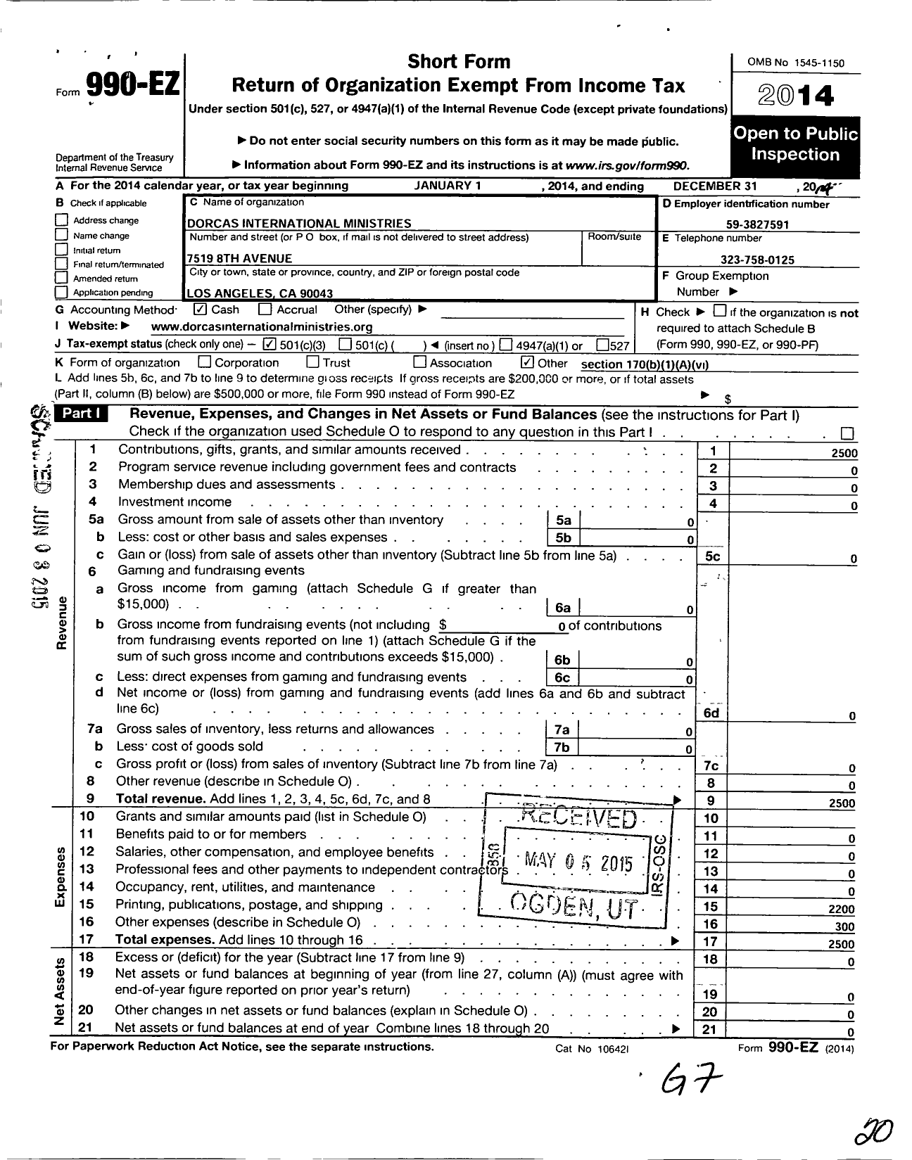 Image of first page of 2014 Form 990EZ for Dorcas International Ministries