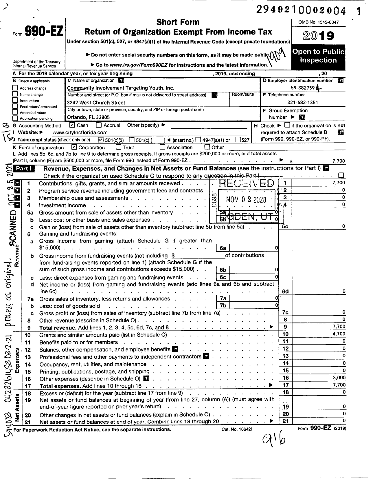 Image of first page of 2018 Form 990EZ for Community Involvement Targeting Youth