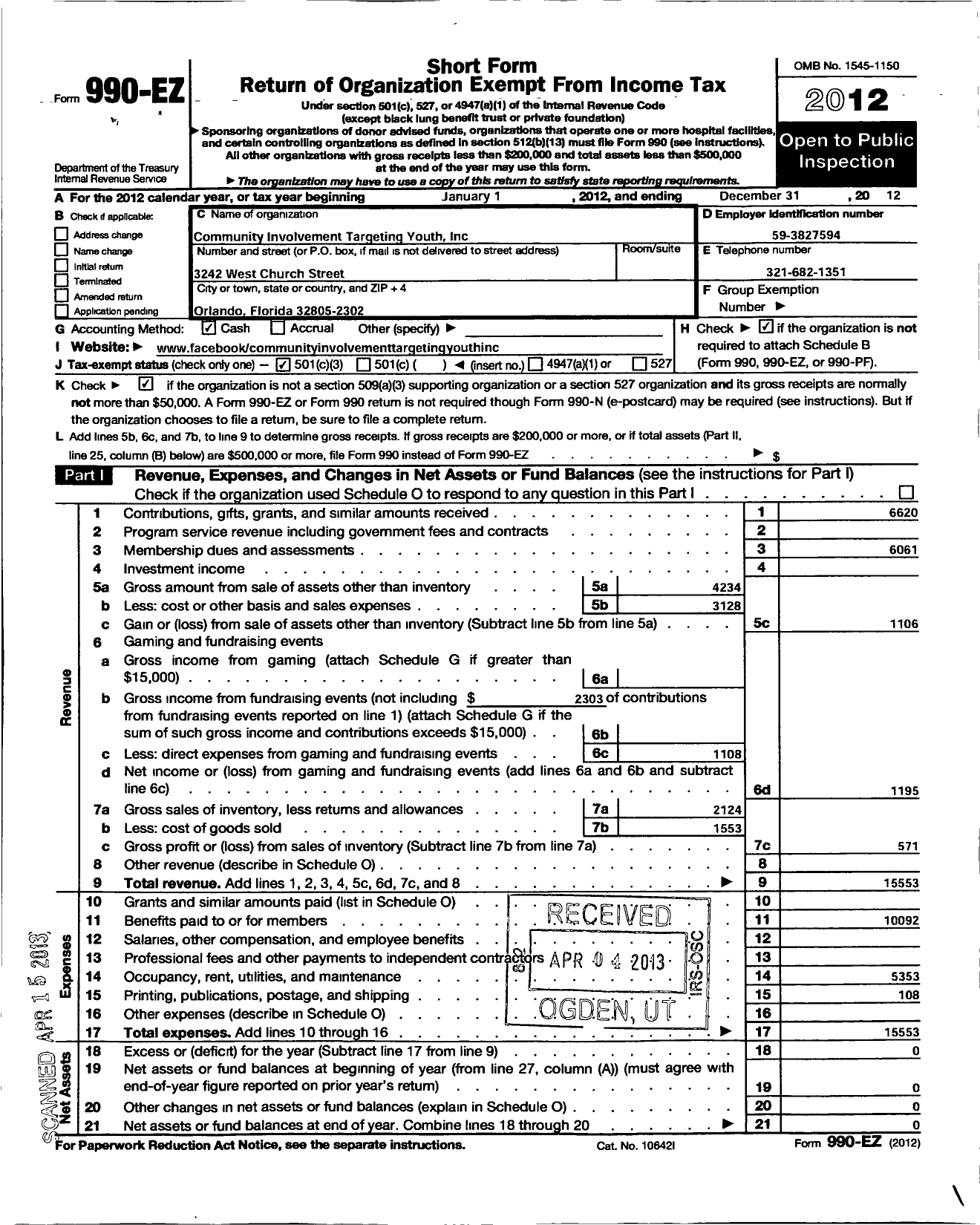 Image of first page of 2012 Form 990EZ for Community Involvement Targeting Youth