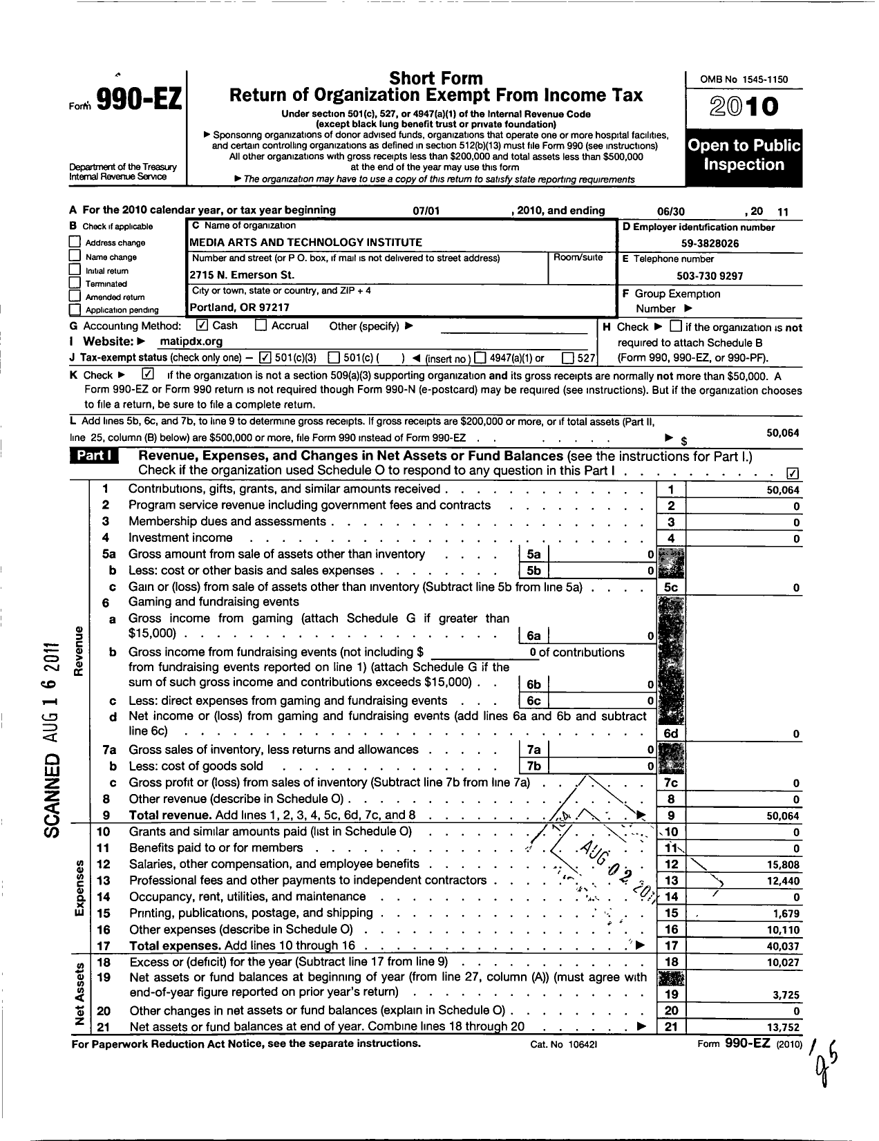 Image of first page of 2010 Form 990EZ for Media Arts and Technology Institute