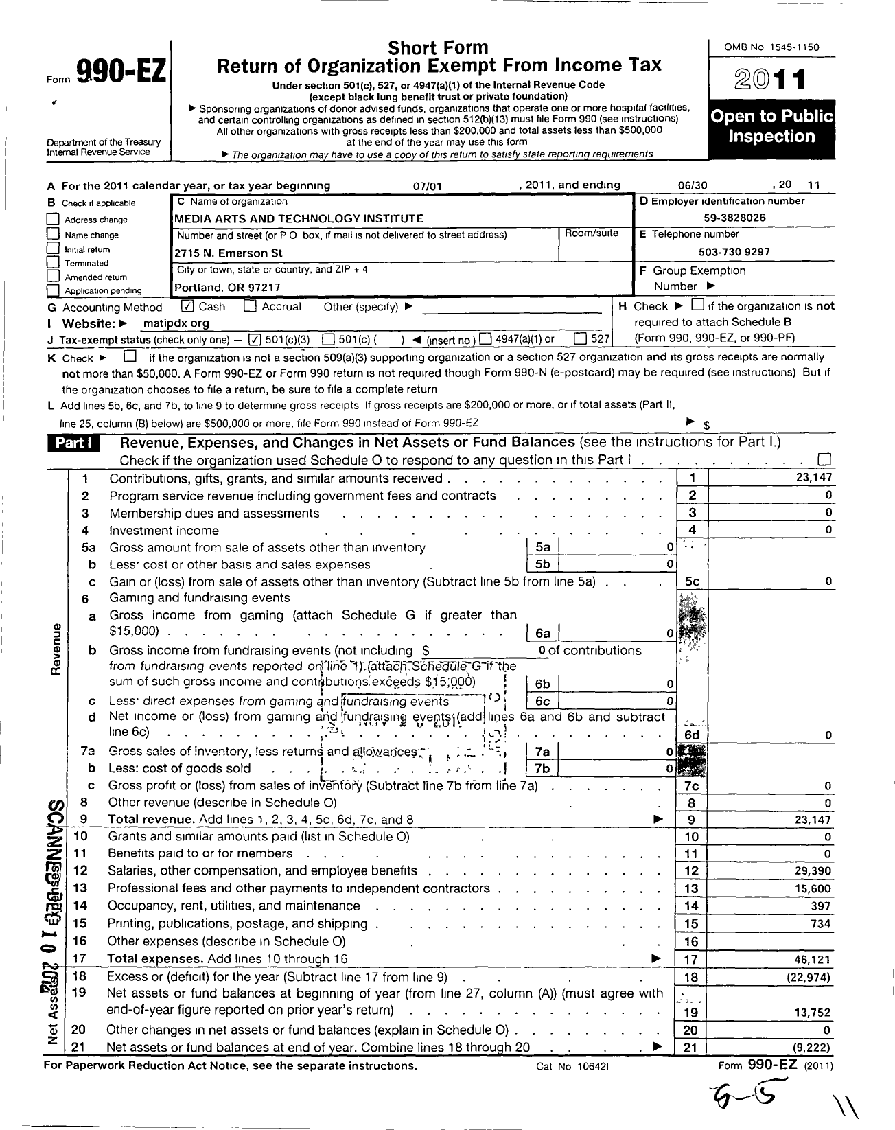 Image of first page of 2010 Form 990EZ for Media Arts and Technology Institute