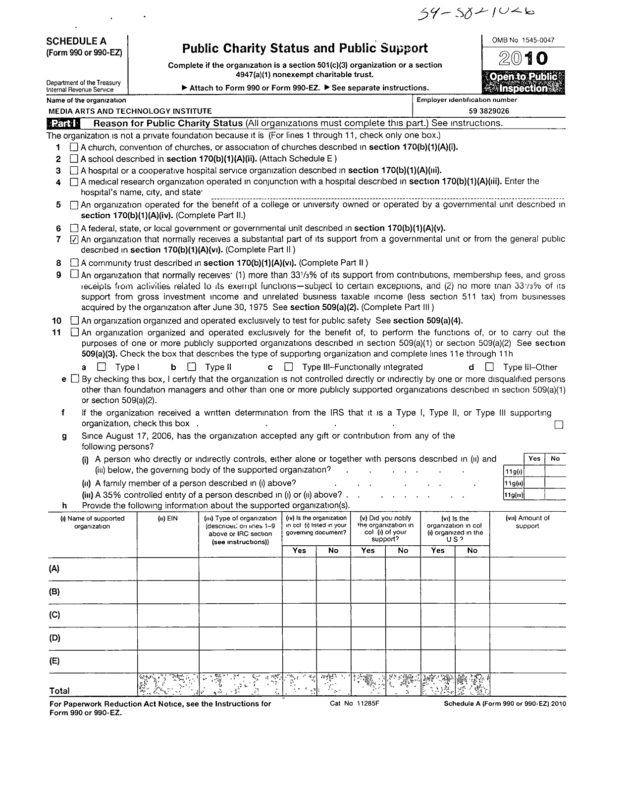 Image of first page of 2010 Form 990ER for Media Arts and Technology Institute