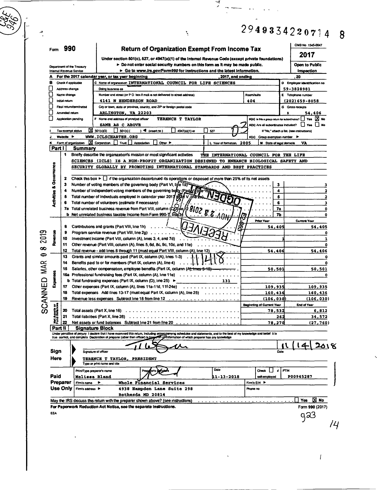 Image of first page of 2017 Form 990 for International Council for Life Sciences