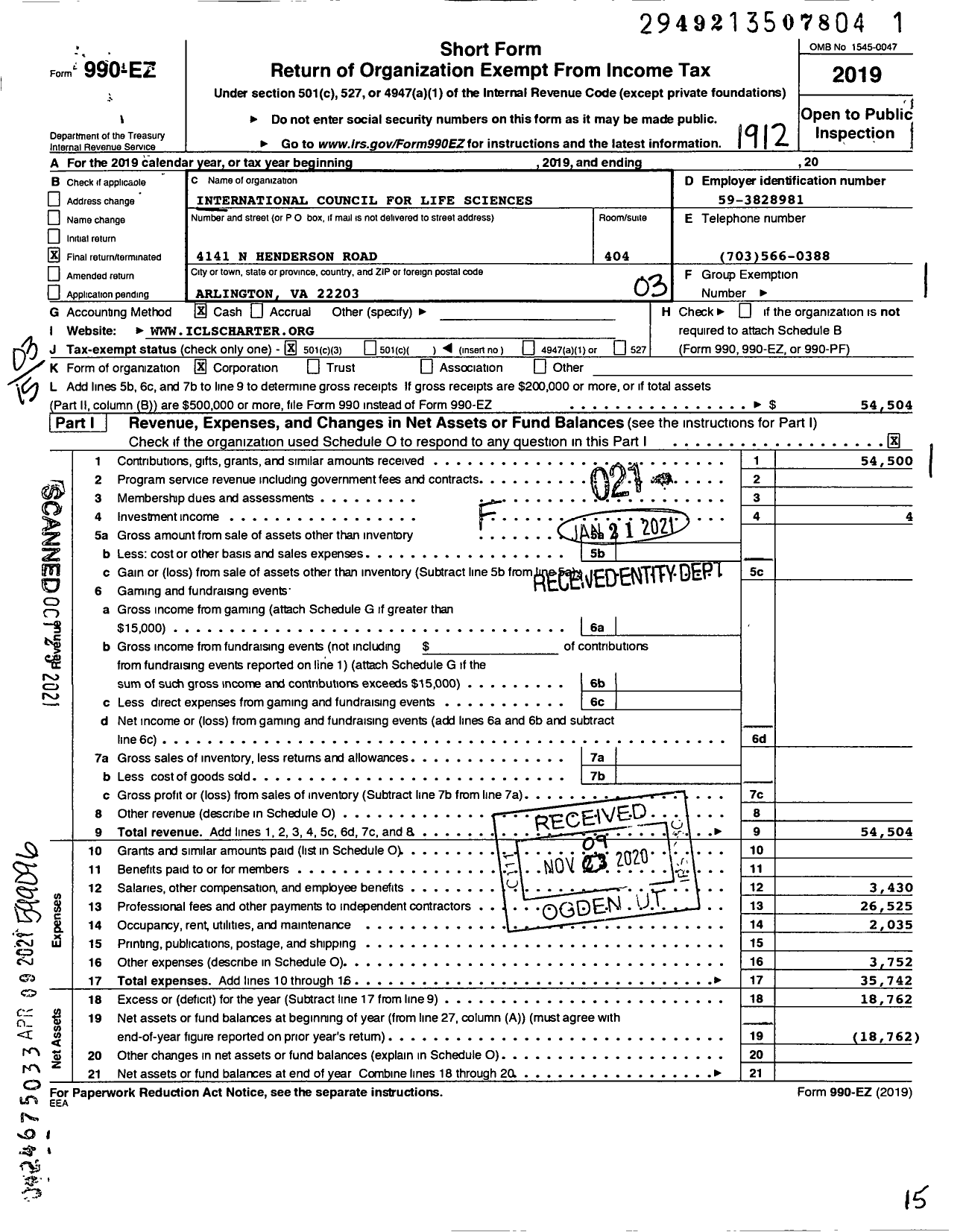 Image of first page of 2019 Form 990EZ for International Council for Life Sciences