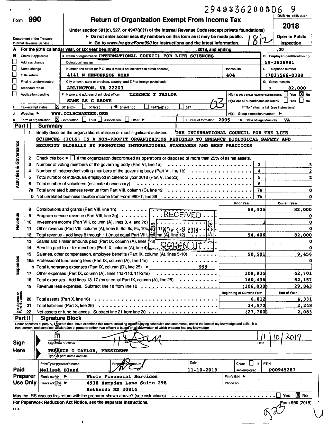 Image of first page of 2018 Form 990 for International Council for Life Sciences