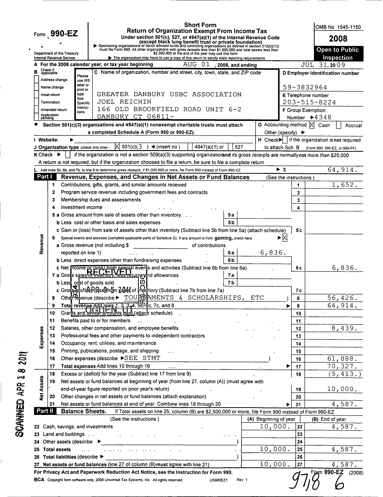 Image of first page of 2008 Form 990EZ for United States Bowling Congress