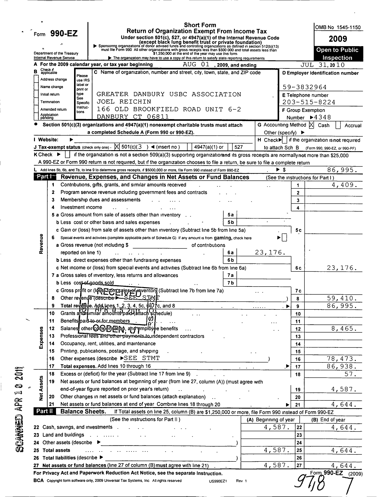 Image of first page of 2009 Form 990EZ for United States Bowling Congress