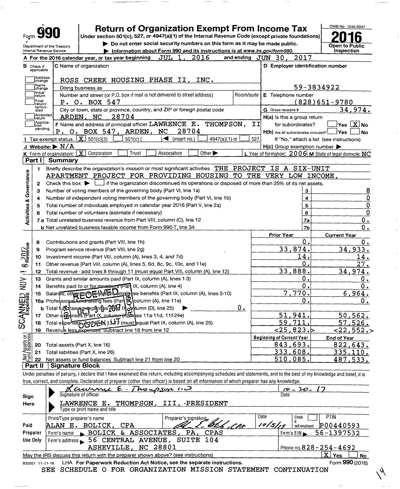 Image of first page of 2016 Form 990 for Ross Creek Housing Phase Ii