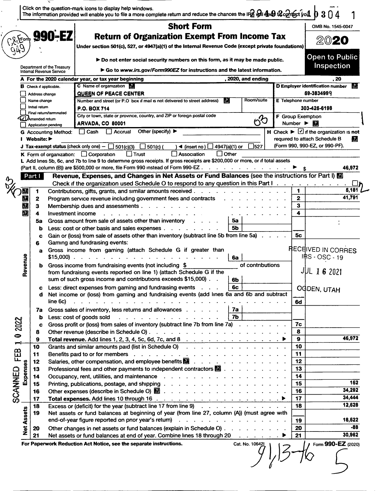 Image of first page of 2020 Form 990EZ for Queen of Peace Center
