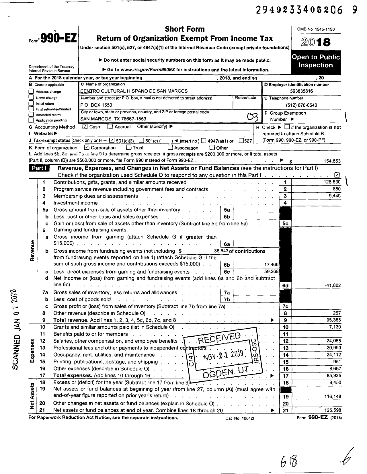 Image of first page of 2018 Form 990EZ for Centro Cultural Hispano de San Marcos