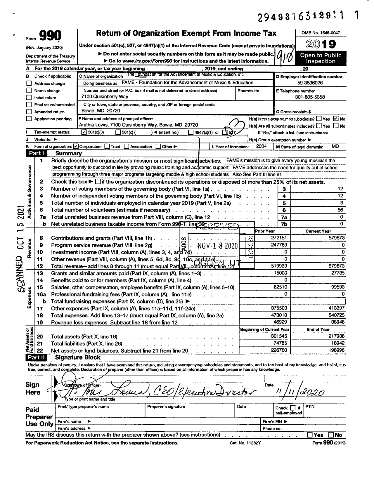 Image of first page of 2019 Form 990 for FAME-Foundation for the Advancement of Music & Education