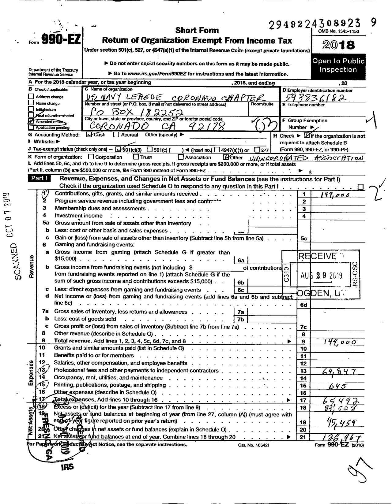 Image of first page of 2018 Form 990EZ for Navy League of the United States / Coronado Council