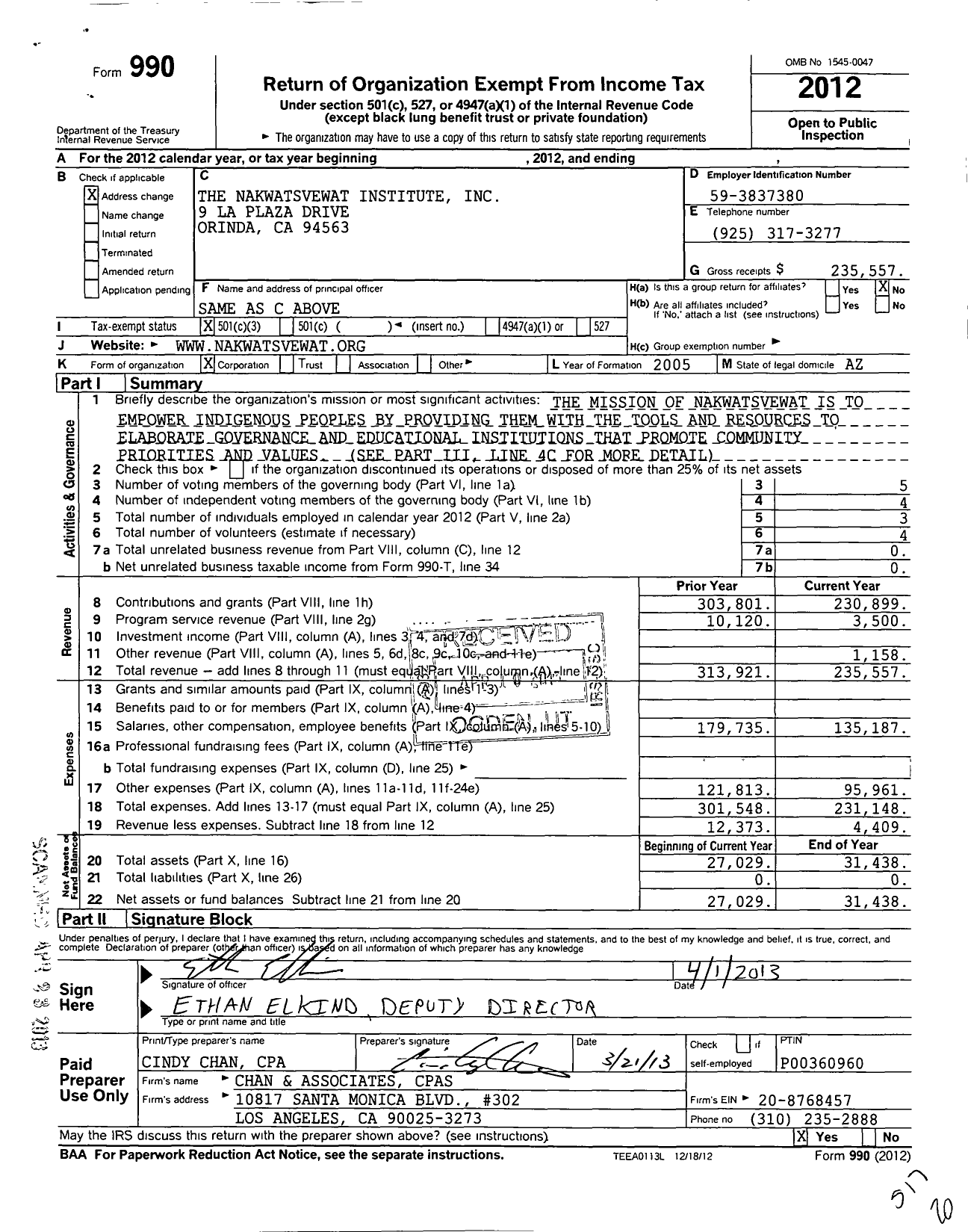 Image of first page of 2012 Form 990 for The Nakwatsvewat Institute