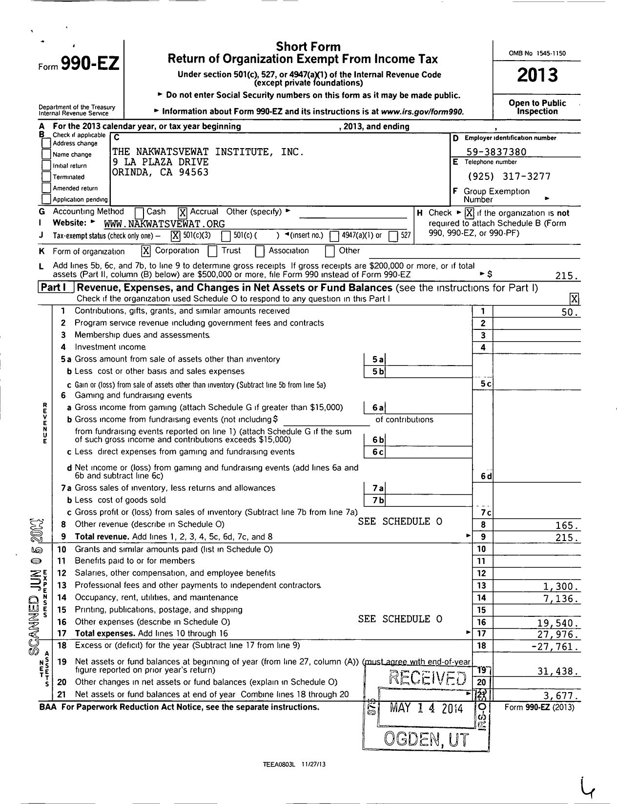 Image of first page of 2013 Form 990EZ for The Nakwatsvewat Institute