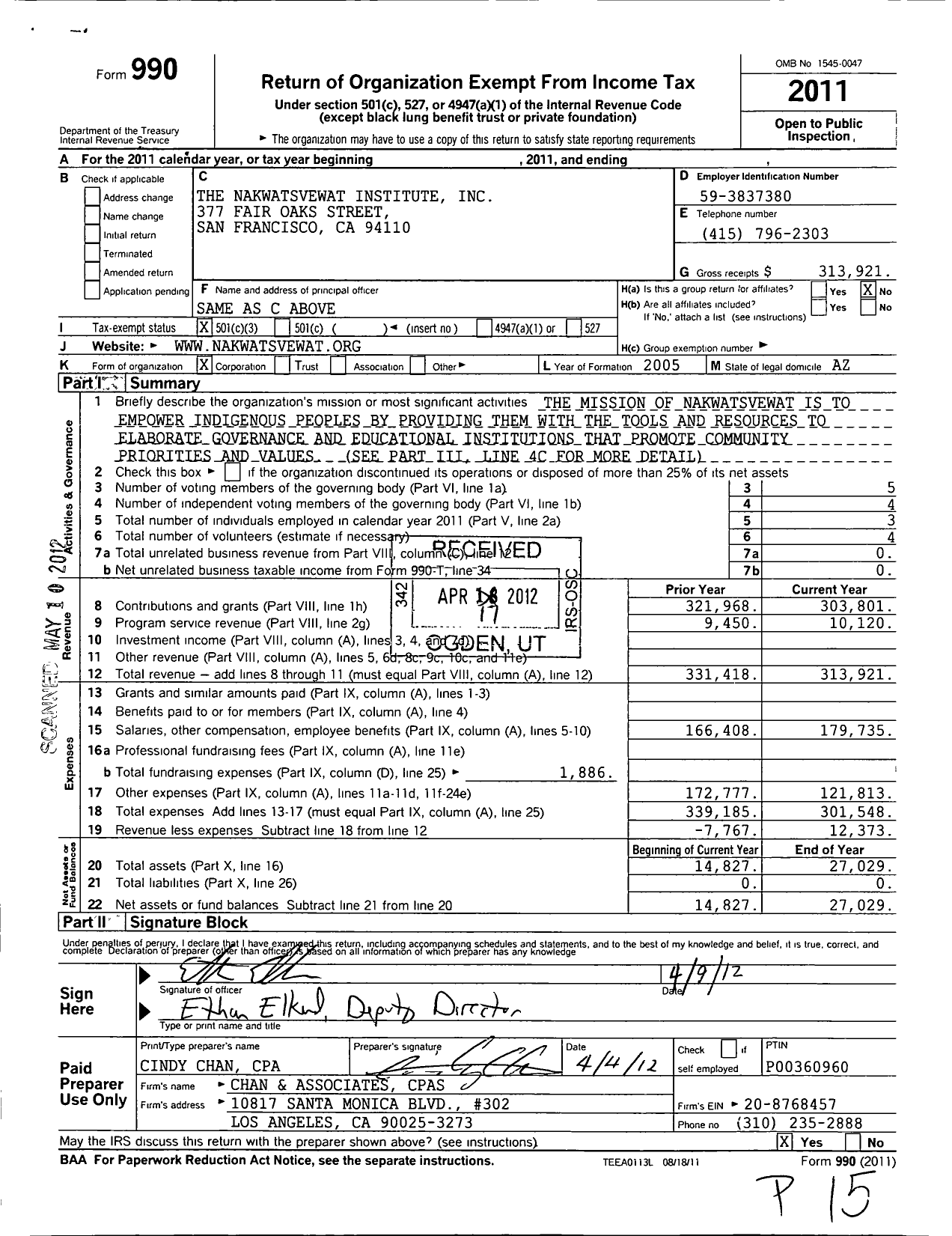 Image of first page of 2011 Form 990 for The Nakwatsvewat Institute