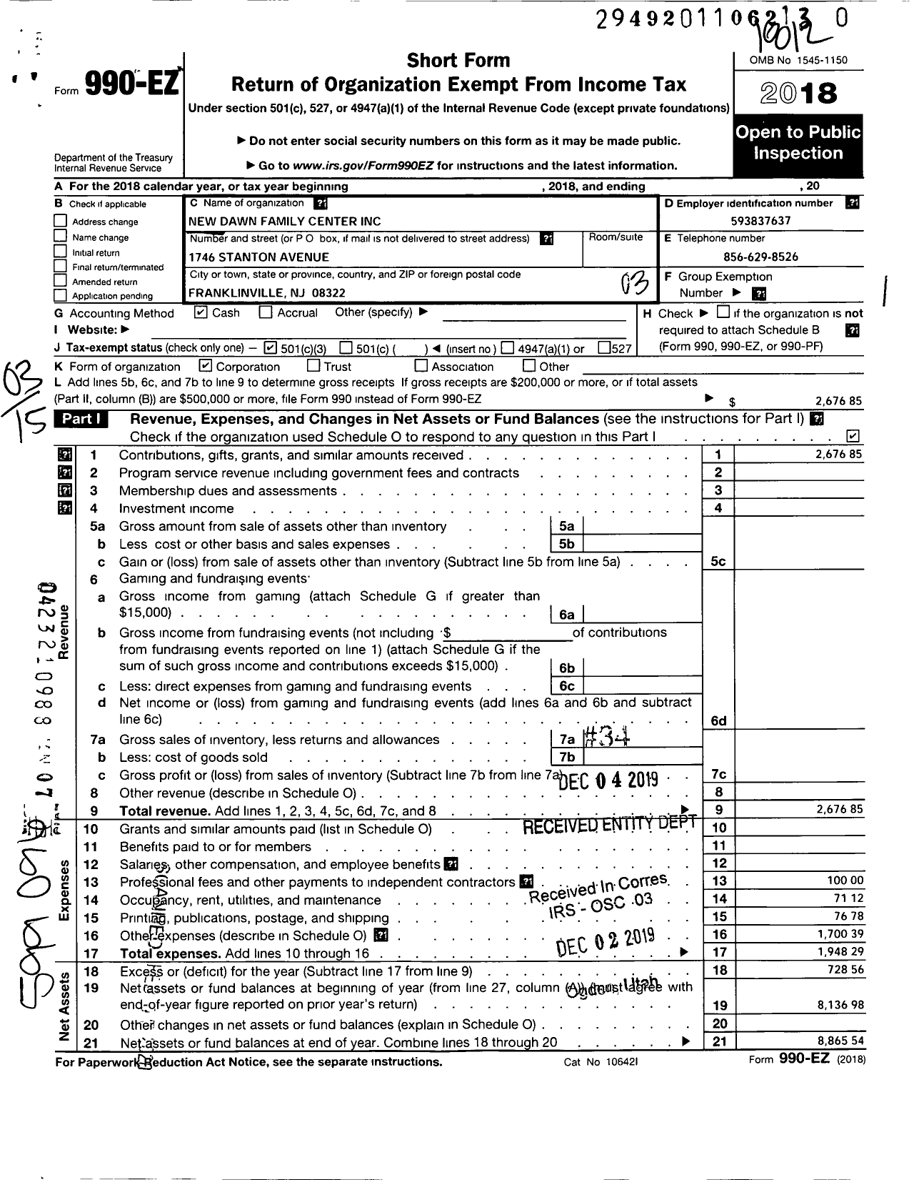 Image of first page of 2018 Form 990EZ for New Dawn Family Center