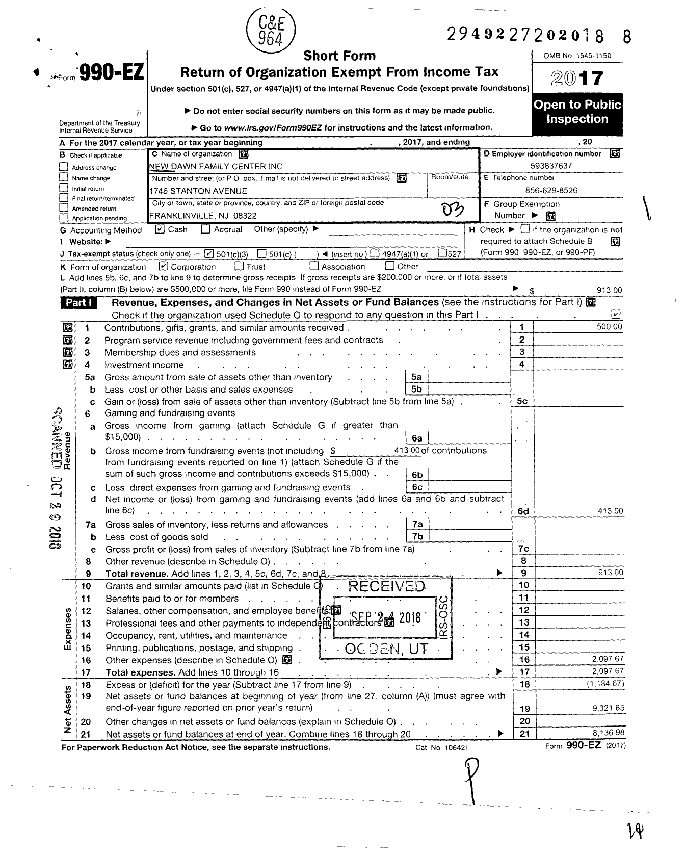 Image of first page of 2017 Form 990EZ for New Dawn Family Center