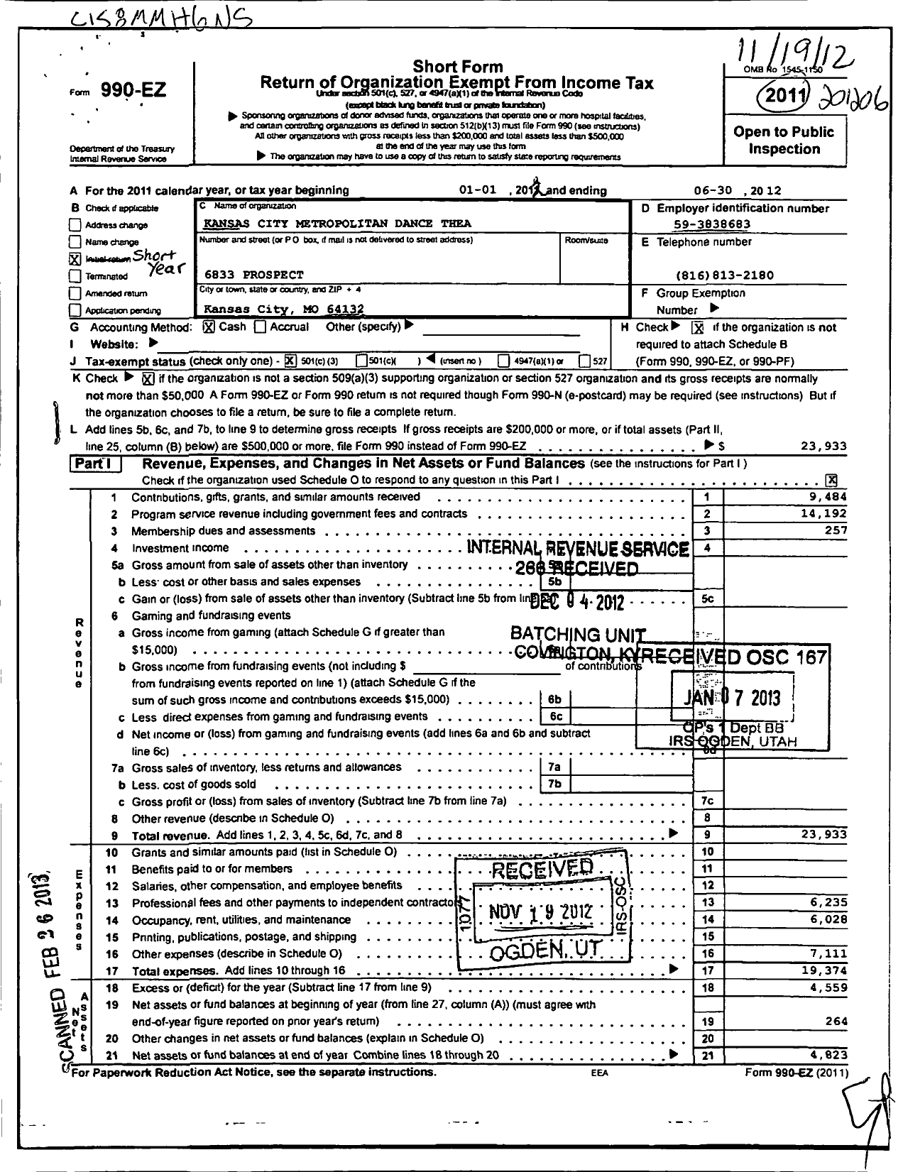 Image of first page of 2011 Form 990EZ for Kansas City Metropolitan Dance Theatre