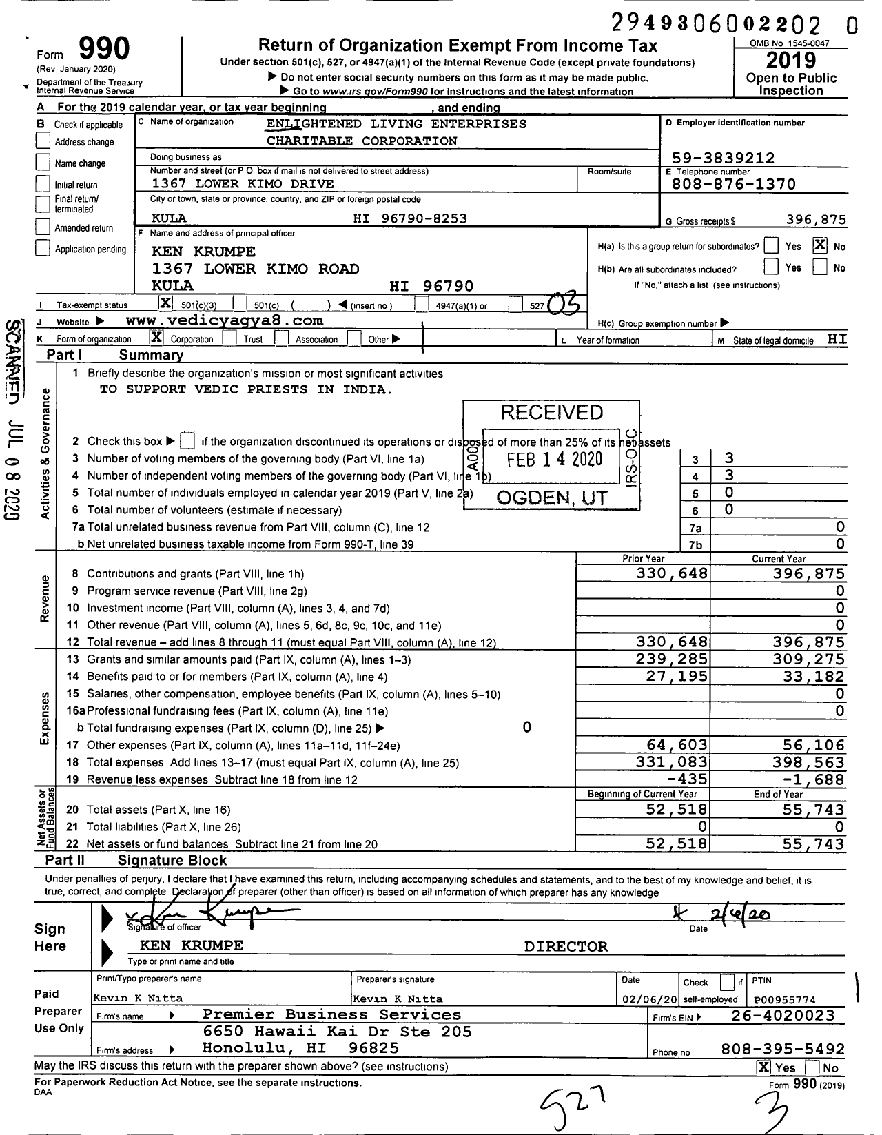 Image of first page of 2019 Form 990 for Enlightened Living Enterprises Charitable Corporation