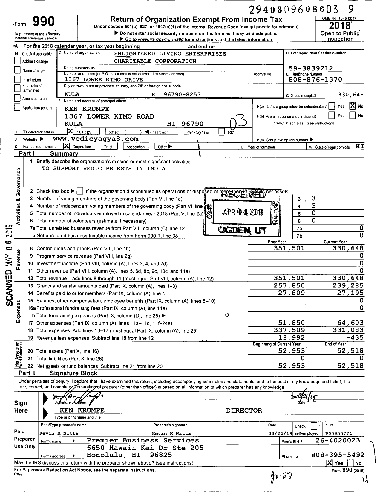 Image of first page of 2018 Form 990 for Enlightened Living Enterprises Charitable Corporation